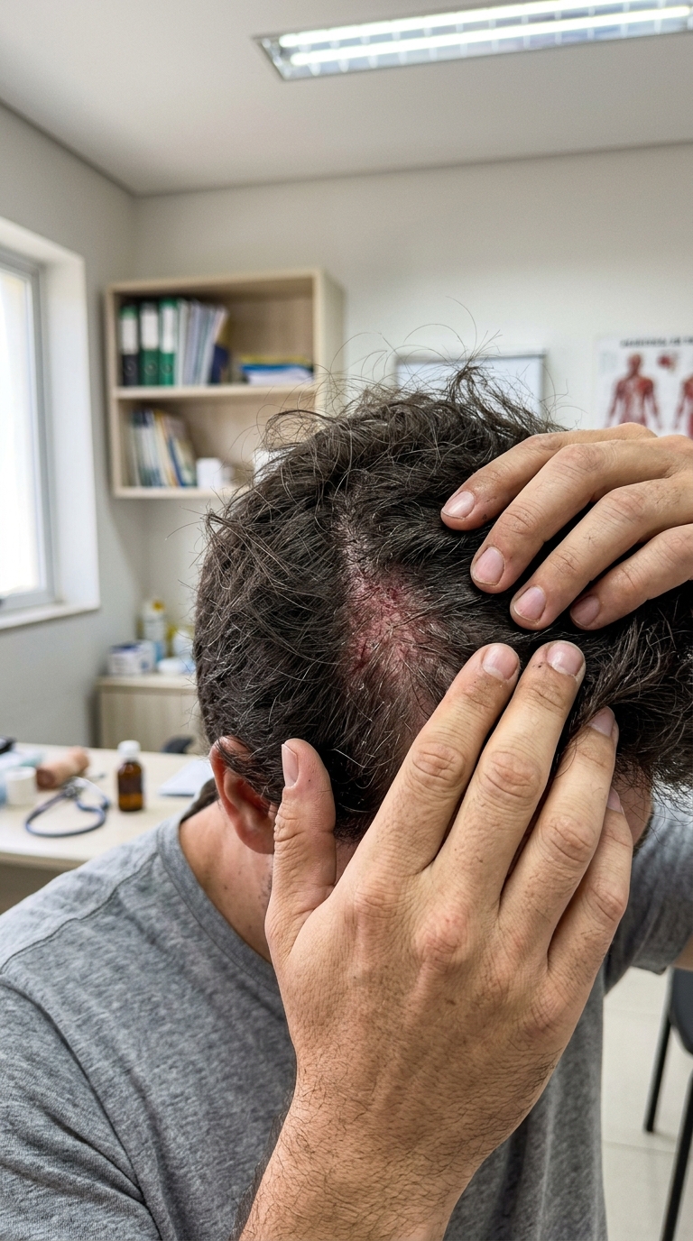 Paciente mostrando lesão no couro cabeludo durante consulta dermatológica